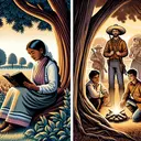 An illustrative image composed of two distinct scenes in a countryside setting. Scene one showcases a female farmer of South Asian descent, wearing traditional attire, reading a book under a large tree. Scene two depicts a group of three Hispanic male hunters near a campfire, one of them is reading a map. Both scenes illustrate literacy, but no text should be displayed anywhere within the images.