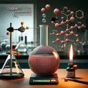Create an image of a copper(II) carbonate compound represented as copper coloured tiny squares. Nearby, visualize carbon dioxide as transparent bubbles. The image should be set in a laboratory atmosphere, with an Erlenmeyer flask, a burner, and a digital scale in the forefront. Copper(II) carbonate and carbon dioxide should be visually balanced, indicating a chemical reaction. Please make sure the image contains no text.