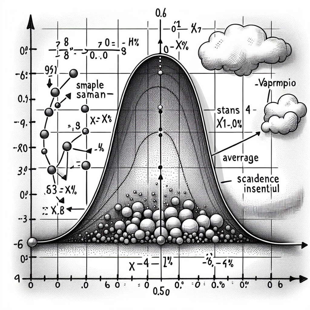 A detailed and illustrative image of a statistical concept involving a continuous random variable X, depicted as a curve on a plot varying between 0 and 6. The curve is intentionally vague representing its unknown distribution, with a cloud surrounding it showing its high variance which is at most 4. Additionally, show small sample points X1,...,Xn as dots on the curve. Depict the concept of sample mean with the symbol H denoted by an average line of these dots. Lastly, include a confidence interval depicted by two parallel lines around the sample mean, to signify the desired 96% accuracy within the error of 0.02.