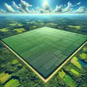 Generate an image of a rectangular field, in the midst of luscious green landscapes under a clear blue sky. In terms of dimensions, the long stretch of the field is 400 m. The area of the rectangular field calculates to about 6 hectares. The image should represent an aerial view, wherein the lengths and widths of the field are clearly visible. The entire representation should exude the appearance of an agricultural field. Note that the image should contain no text and any scale or measurement tool.