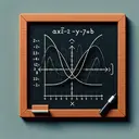 Generate an image of a chalkboard with mathematical equations and plot. On the chalkboard, show a graph represented by the equation 'ax+2y=b'. This graph should pass through the point (2,5). Additionally, it should be parallel to another graph represented by the equation '3x-5y=7'. Place these graphs on a Cartesian plane.