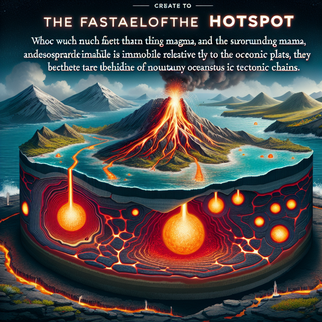Create an image that represents the fascinating world of geology - focusing on hotspots, which are much hotter than the surrounding magma, and despite being fixed, submerged and immobile relative to the moving tectonic plates, they are behind the creation of numerous majestic island chains. Visualize a cross-section showcasing the oceanic crust, mesospheric mantle with hotter regions illustrating these hotspots, an erupting undersea volcano and the resultant oceanic island chain being formed.