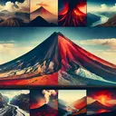 Create a collage featuring three main components: 1) a tall, towering volcano with an emphasized height, 2) the steep incline of a volcano and 3) multiple hues represented in a volcano scene, varying in colors such as red, orange, and black to indicate different stages of volcanic activity. Include some features subtly such as different types of lava, the presence or absence of nearby vegetation, and even subtly varied rock age. The whole image should visually incorporate these features to represent characteristics one might look for when classifying a volcano. Ensure the image contains no textual elements.