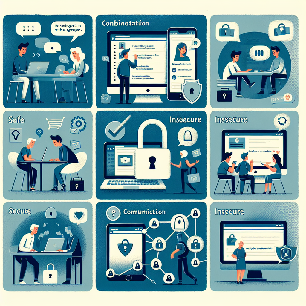 An image that represents safe and unsafe internet behavior without any text. Show combinations of scenarios to represent the choices given: a person chatting online with a stranger; someone entering their email address on a message; a person leaving their computer unattended at a library; someone communicating with friends on a secure website. Use symbolism for secure and insecure, for example, a padlock to represent security, and a broken lock for insecurity.