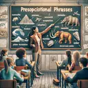 Create an image that visually depicts a classroom environment with a blackboard exhibiting a detailed explanation of prepositional phrases. Imagine a young, South Asian female teacher pointing towards the blackboard, explaining prepositional phrases to the students. Around her, a group of students of various descents, including Caucasian, Hispanic, and Middle-Eastern, attentively listen and take notes. They're surrounded by a collection of scattered educational materials such as stationary, textbooks, and posters of mammoths, tsunamis, and amber to reflect the contents of their lessons.