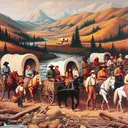 Create an image without text, visually capturing the everyday life of pioneers traveling west. Show diverse families, including men, women, and children of various descents like Hispanic, Black, Caucasian, Middle-Eastern, and South Asian. They are journeying together, enduring the hardships of the wild. A few wagons laden with their possessions can be seen, indicating their reluctance to take the river route. Paint the trails as long, dangerous, and poorly-maintained, with the vast and untamed western wilderness surrounding them.