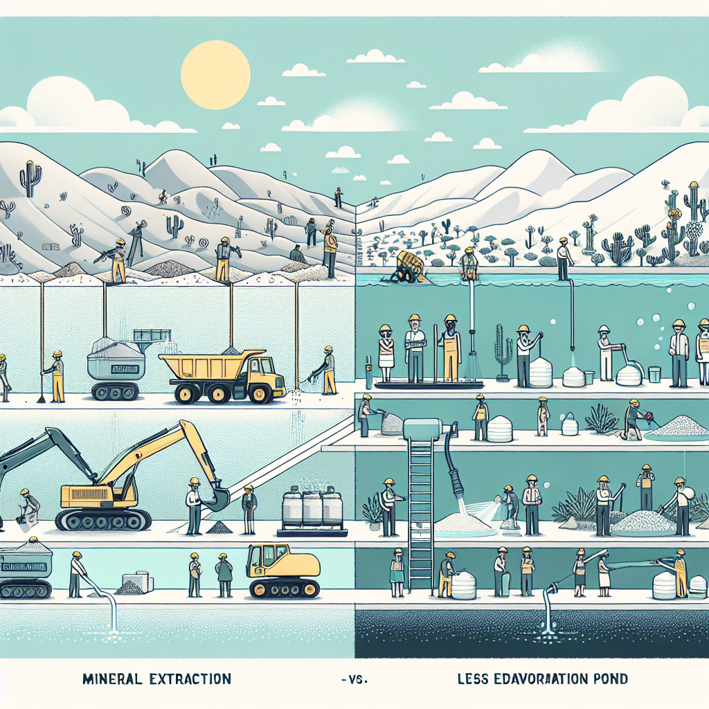 Visual representation of a comparison between two processes of lithium extraction: one from mineral deposits and the other from evaporation ponds. Display the process of mineral extraction as being labor-intensive, with equipment such as drills and miners, possibly Caucasian and Hispanic men and women at work. For the evaporation pond process, show a serene landscape of evaporation ponds under a sunny sky. The image should visually imply that the evaporation process requires less water, less money, and less time. Exclude any text in the image.