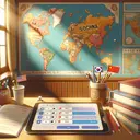 Create an image of a classroom setting to accompany an educational quiz. Picture a school desk with an open book, a world map hanging on the wall, and four flag pins indicating North Korea, China, South Korea, and Japan on the map. A tablet with a multiple-choice quiz is on the desk showing the last two questions but the answer choices are blurred out. The colors are warm and inviting. There are no people in the image. The setting is during daytime with ambient sunlight streaming through a window onto the desk. The image should seem like it would make a student eager to learn.
