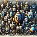 An intriguing scene showcasing a large gathering of robots. The robots come in diverse shapes, sizes, and colors, symbolizing a variety of robotic functionalities: some are designed for utility, some carry historical insignias, others are designed for amusement, and still others are imbued with unique, expressive features. Their collective presence serves to visually reflect the different purposes of art: as a utilitarian tool, a historical tool, an entertainment tool, and as an expressive piece. Make sure the image contains no text.