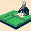 An illustration of a vast, green rectangular field that measures 15000 m². In the middle of the field, there's a fence dividing it into two equal parts, parallel to one of the longer sides of the rectangle. Near the division, draw an adult South Asian male farmer with a standard hat and pensive expression, holding blueprints and a pencil. His eyes are focused on the fences, indicating his intention to minimize the cost.