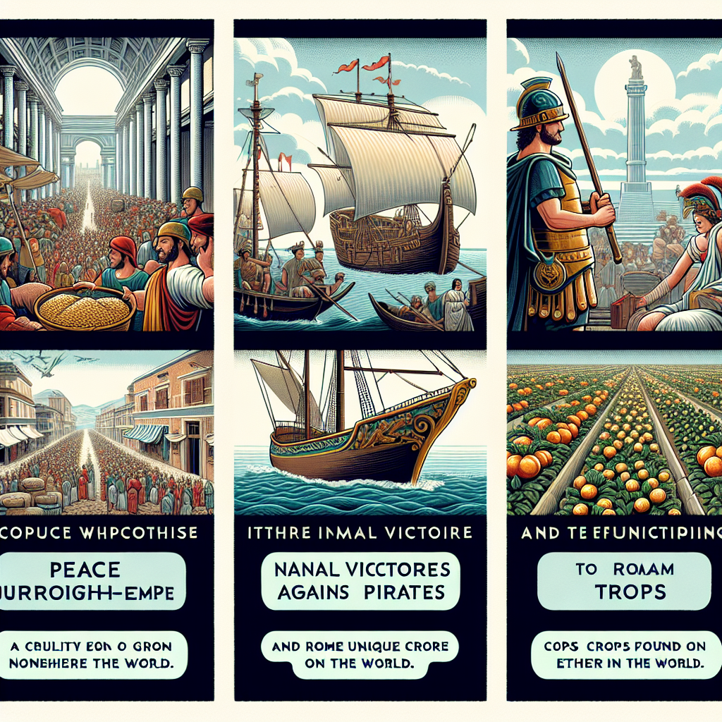 Generate an appealing image that represents commerce during the Roman Empire period without any text. The image should clearly illustrate three key factors that contributed to the flourishing of trade: peace throughout the empire, naval victories against pirates, and Rome's unique ability to grow crops found nowhere else in the world. To depict these factors, show a bustling marketplace suggesting peace and prosperity, a Roman warship signifying naval victories, and a lush Roman farmland with unique crops.