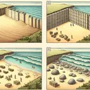 An illustrative image representing a beach scene containing the four options raised in a research study. Scene 1: Portray a beach with alternating areas of sandy patches and cement blocks. Scene 2: Depict a beach with large, coarse grains of sand. Scene 3: Illustrate a beach where sand is mixed with soil promoting the growth of beach vegetation. Scene 4: Display boulders placed near the water's edge to mitigate the ocean currents' effects on the beach sand. Each scene should be separated from one another, possibly by vertical lines or some form of subtle separator.