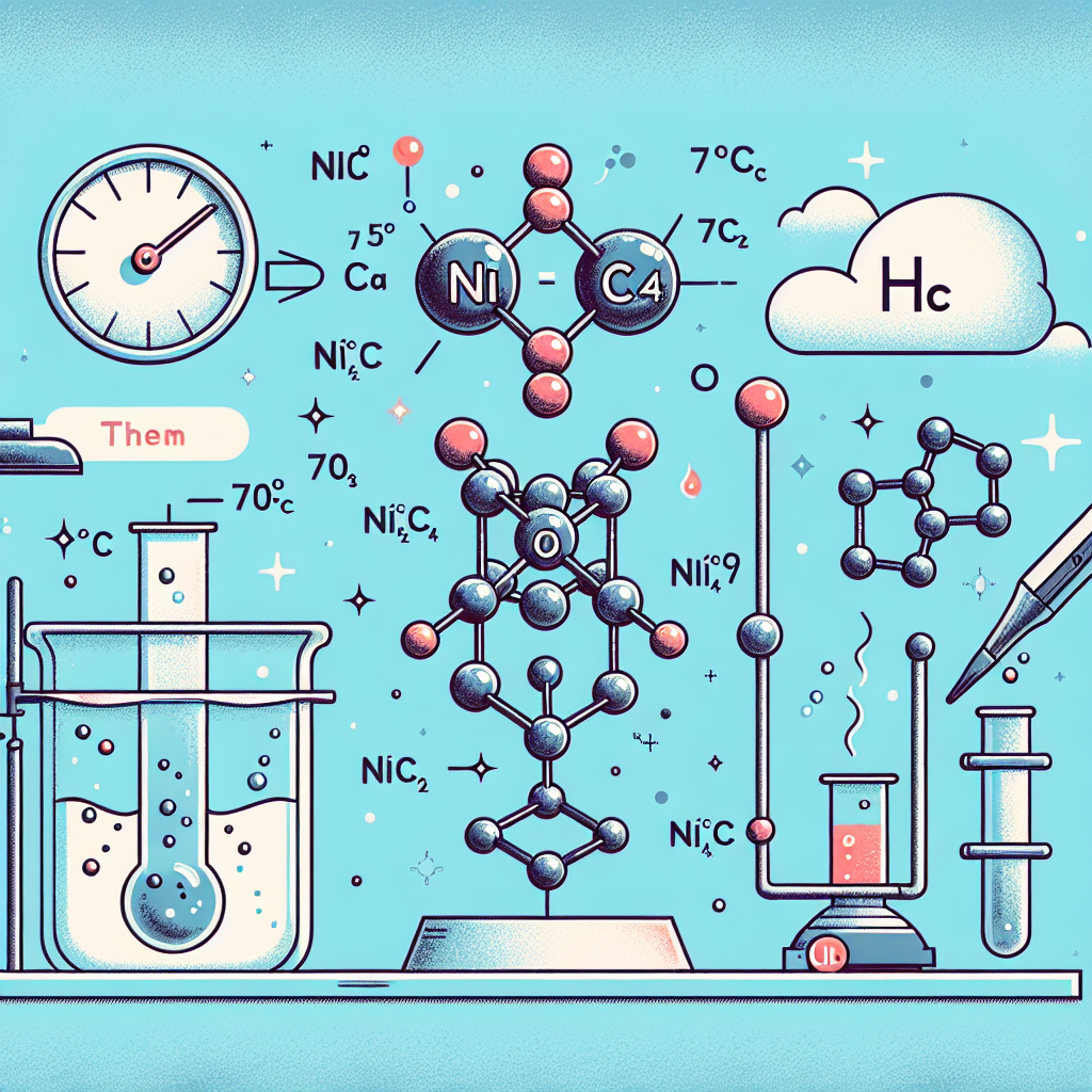 Illustrate a chemistry laboratory scene with multiple elements depicting the process of conversion of Ni to Ni(CO)4. Show an abstract representation of a Nickel atom, Carbon atom and Oxygen atoms, and them coming together to form the molecule Ni(CO)4. Next to the molecular formation, show a thermometer showing the temperature of 75 degrees Celsius. Finally depict an ideal gas behavior with gas particles moving randomly in a container. Remember, there should be no text in the image.