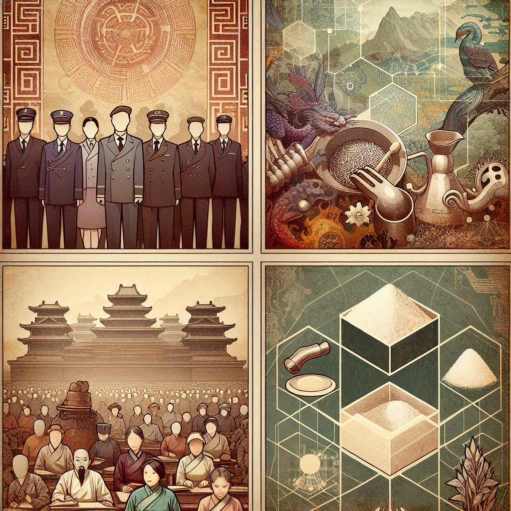An engaging image that visually represents a variety of themes relating to civil service, historical dynasties, important goods, and societal organization. The image is without text and consists of four parts, correlating to four distinct topics: 1. A visually appealing representation of a diverse group of people in official attire, illustrating the concept of civil service in a non-hereditary setting. 2. An art piece reminiscent of ancient Chinese dynasties, undefined by specifics. 3. Iron and salt in an old world setting, hinting significance of these resources in Chinese history. 4. An abstract depiction of societal structures and bureaucracy.