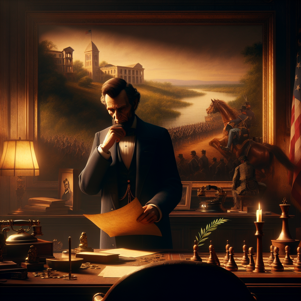 Visualize a powerful historical scene reflecting the era of the American Civil War, with subtle representations of key situational elements. Depict an imposing figure, representing a president, pondering over a document at a desk. The document should be empty, insinuating an important proclamation's impending birth. A landscape painting on the wall should represent Vicksburg under siege, signifying its tactical importance. Incorporate a gently fallen olive branch on the desk to symbolize Lincoln's compassionate approach towards healing the divide. Use chess pieces on a board nearby, hinting at strategic battle plans. The atmosphere should exude tension, determination, and an unspoken hope for peace.