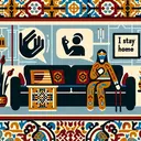Create a comfortable home setting with recognizable objects that denote relaxation and enjoyment. Include a figure communicating in sign language, indicating the phrase 'I stay home'. Flank the scene with patterns that are reminiscent of traditional Spanish design, rich in color and detail.