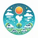 Create an image that symbolically represents the following themes related to ozone: vehicles emitting ground level ozone, the harmful effects of ozone on human health, the protective function of ozone in the upper atmosphere against the sun's rays, and the role of trees and plants in reducing ozone levels. Please ensure the image does not contain any text.