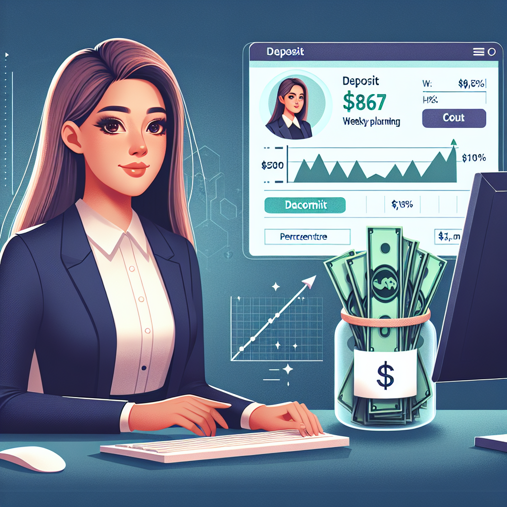 Create an appealing image showing a banking concept. The image should feature a young female character, possibly of Hispanic descent, smartly dressed and sitting in front of a computer, depicting a financial planning scenario. A vision of her deposit represented by a bundle of dollar bills totaling $867 is next to her. Just above this bundle of bills, illustrate an indication of weekly time passing along with the percentage growth value. Also, convey the concept of the account balance growing to $1,500 symbolically. The vision should not contain any text.