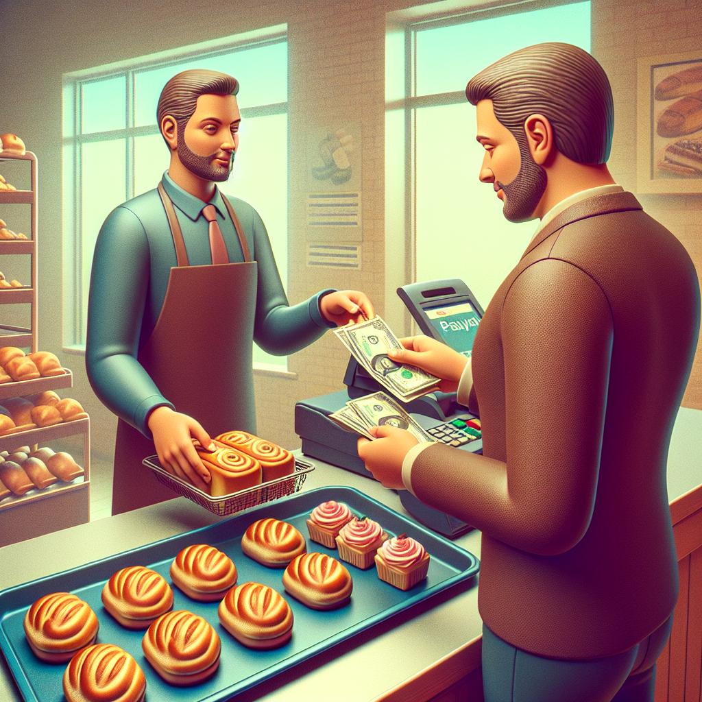 An intriguing image illustrating a simple purchasing scenario. The image centers around a cashier's checkout counter where an average-built Caucasian male customer exchanges cash for bakery goods. To his left and right are trays of freshly baked goods - buns and cakes. On one side are four golden brown buns, and on the other, four frosted cakes. The scene captures the moment of payment, with a pile of cash changing hands. The background ambiance reflects a warm cozy bakery.