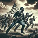 Create an image depicting a heroic African American military unit from the Civil War era, dressed in Union uniforms and showing valor in battle. The unit is charging forward fearlessly towards a battlefield, capturing the essence of their courage and determination. The sky above is dramatic with clouds and the outlines of opposing forces can be seen in the distance. Please remember to keep the image free of any text.