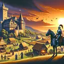 A medieval scene depicting a castle on a hill surrounded by a thriving village. The setting sun paints the sky in warm hues behind the castle. In the foreground, there is a fully-armored knight on horseback, looking over the village. The people in the village are engaged in various activities such as farming, walking, and children playing. The village scene symbolizes the people, and the knight signifies the 'protector' under the feudal system.