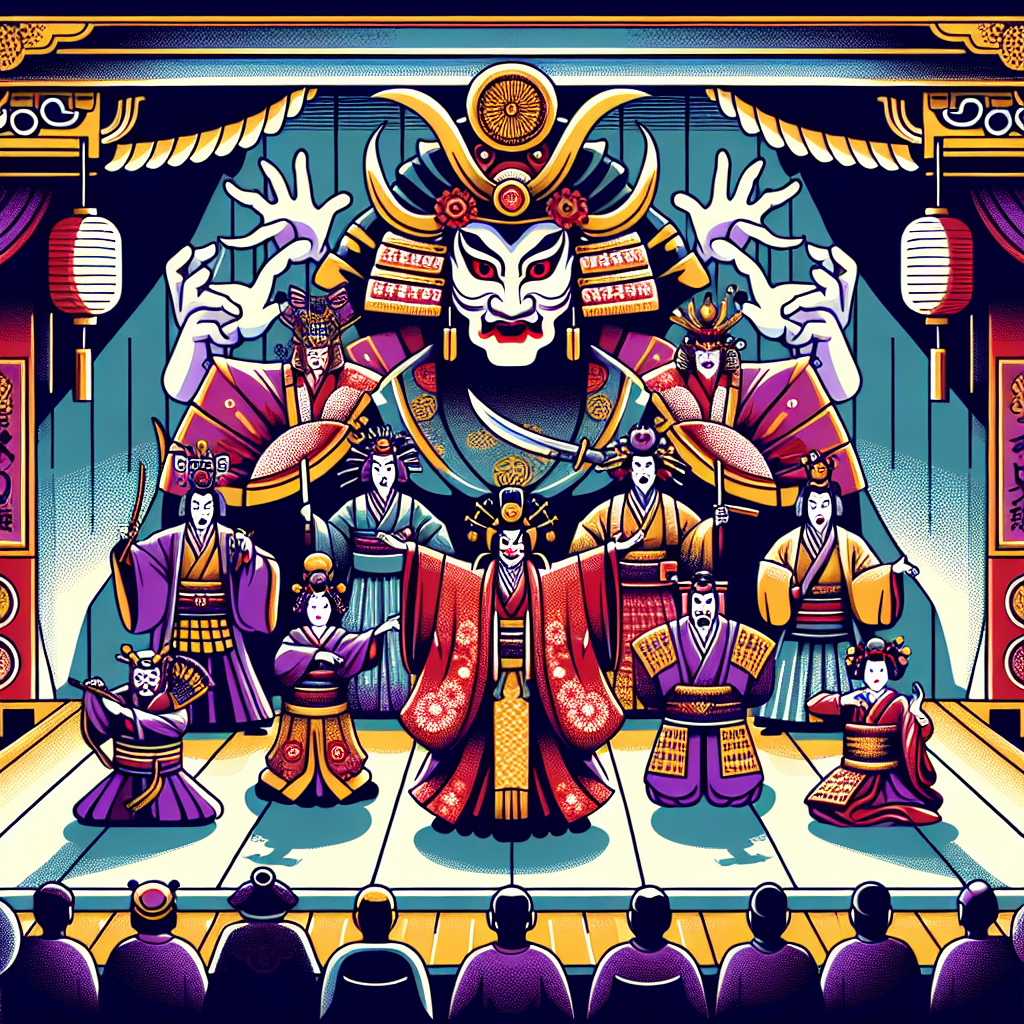 Create an image visualizing the concept of Kabuki theatre, a traditional form of Japanese drama. Include several signature elements of this style, such as elaborately designed costumes, bold make-up and strong, exaggerated body movements. It is performed on a well-decorated stage, and it is usually presented for the entertainment of ordinary people. Do not include any text in the image.