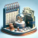An abstract visual concept of a finance deal including a representation of calendar marking two years, a pile of cash indicating $40,000, a percent sign inside a snow globe to represent compounding annually, and a wallet with $500 sticking out. Make sure the image contains no written or typed characters.
