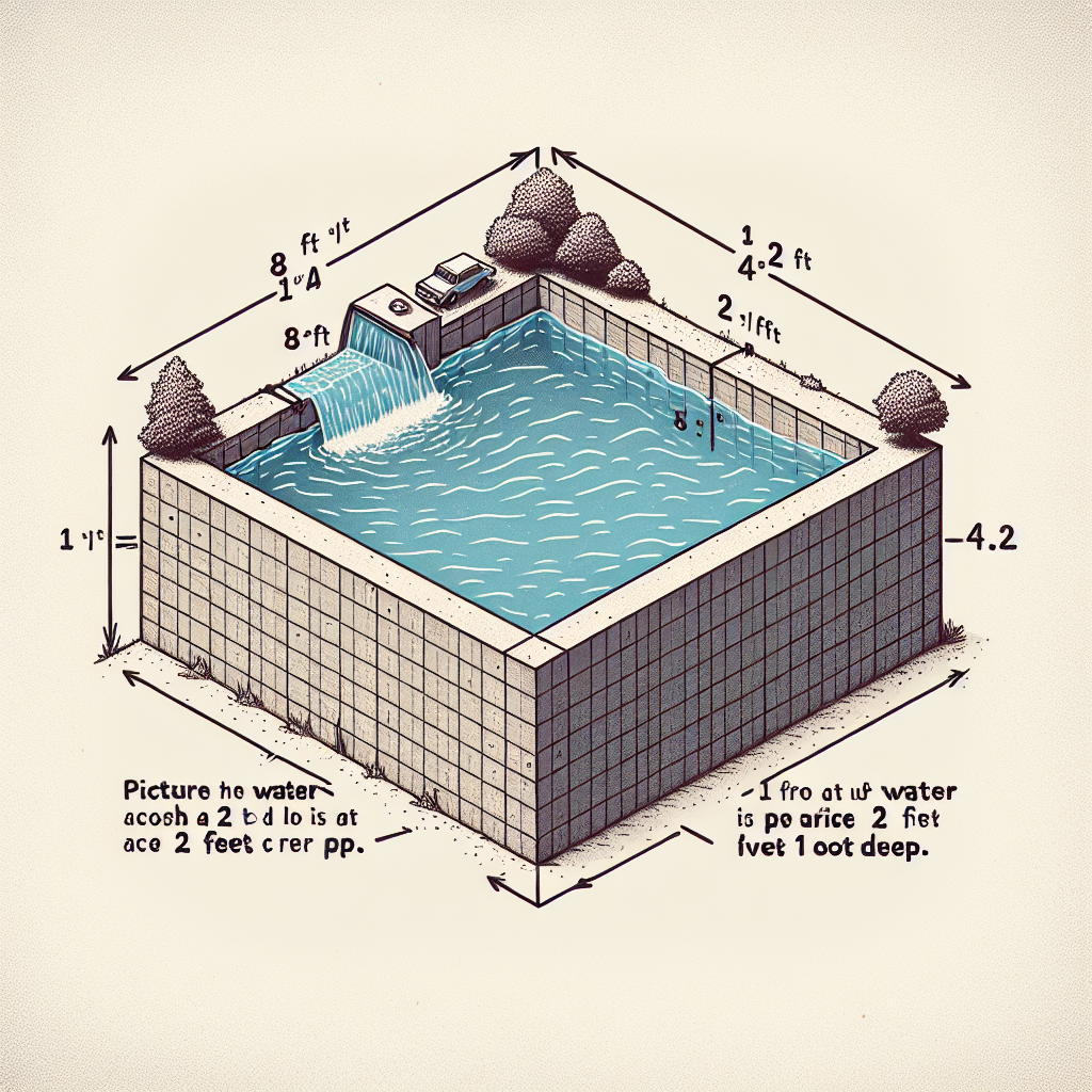 Create a detailed visualization of a rectangular trough which is 8 feet long, 2 feet across the top, and 4 feet deep. Picture water flowing inside it at a rate of 2 cubic feet per minute. The water is currently 1 foot deep, resulting in the surface rising gradually. The picture should capture the essence of this mathematical problem, helping viewers to understand it visually. Please ensure the image contains no text.
