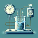 An accurate illustration of a scientific experiment. Show a gold salt solution within a beaker connected to a power source, suggesting the process of electrolysis. A current is seen flowing through the solution, symbolized by a series of arrows. An analog clock shows the time of 1 hour and 45 minutes to indicate the duration of the experiment. The process results in the deposition of gold particles at the bottom of the beaker. Ensure the image doesn't contain any text.