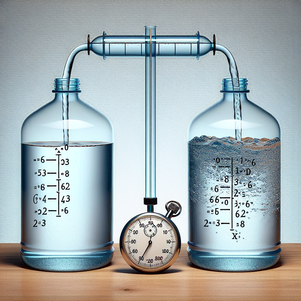 An image that represents a mathematical problem involving two water containers being filled concurrently. In this image, depict two containers side by side. Container A is being filled at a constant rate, while container B is being filled at a varying rate. A stopwatch is placed nearby, extraordinarily indicating the passage of 16 minutes. There should be a visible difference in the level of water between the two containers, reflecting the different equations. Please make sure the image contains no text.