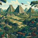 Illustrate an ancient Maya cityscape. The city is characterized by a dense jungle environment, with large, impressive, stone pyramids emerging from the canopy. Exotic birds and animals can be seen in the foreground, while a vast network of cultivated fields is visible in the background. Emphasize the vast number of buildings and structures, aiming to debunk the third statement of the question. The details should be intricate, with the city structures incorporating indigenous Maya designs and motifs.