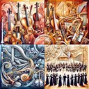 A beautiful artistic representation of a symphony orchestra, with the image divided into four sections and each section represents one category of instruments. The first section illustrates an array of string instruments like violins, cellos, harps. The second section depicts woodwind instruments like flutes, clarinets, oboes. The third section shows brass instruments such as trumpets, trombones, tubas. The fourth section displays a group of female singers performing together, hinting at the term 'sopranos'. Ensure that the image is without any text.