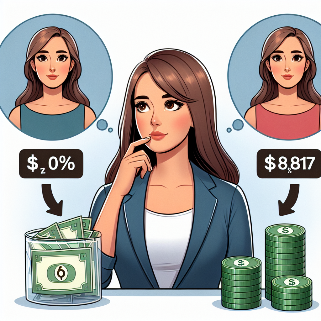 Illustrate a financial scenario with a female character named Maria, who appears to be Hispanic. Depict her with a thoughtful expression, considering two distinct investment portfolios in front of her. One is symbolized by a 6% sign, and the other by a 7% sign. Show a pile of dollars amounting to $12,000 next to her. Also, represent the combined yearly returns from these portfolios as a stack of $817. Remember, the image should not contain any text.