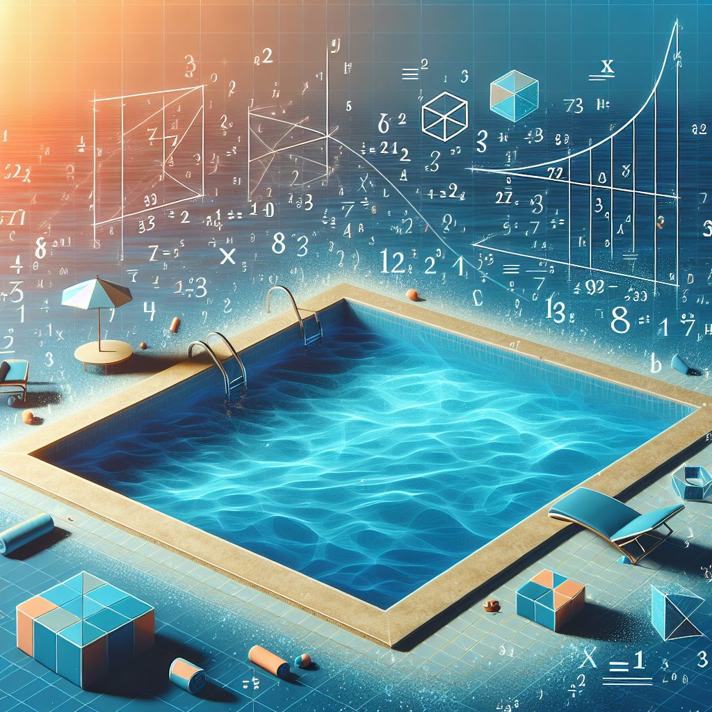 Generate an visual representation of a mathematics problem. Depict a large, rectangular swimming pool with distinct length and width. The pool should be clear, filled with blue water. Around the pool, show geometric shapes like cubes and squares, and equations floating around to give it an abstract mathematical context. Ensure that the scene is well-lit and cheerful, perhaps with a setting sun casting long, warm hues. Also include surrounding elements consistent with a pool, such as pool chairs and towels, but ensure these don't distract from the main focus – the pool and its mathematical representation.