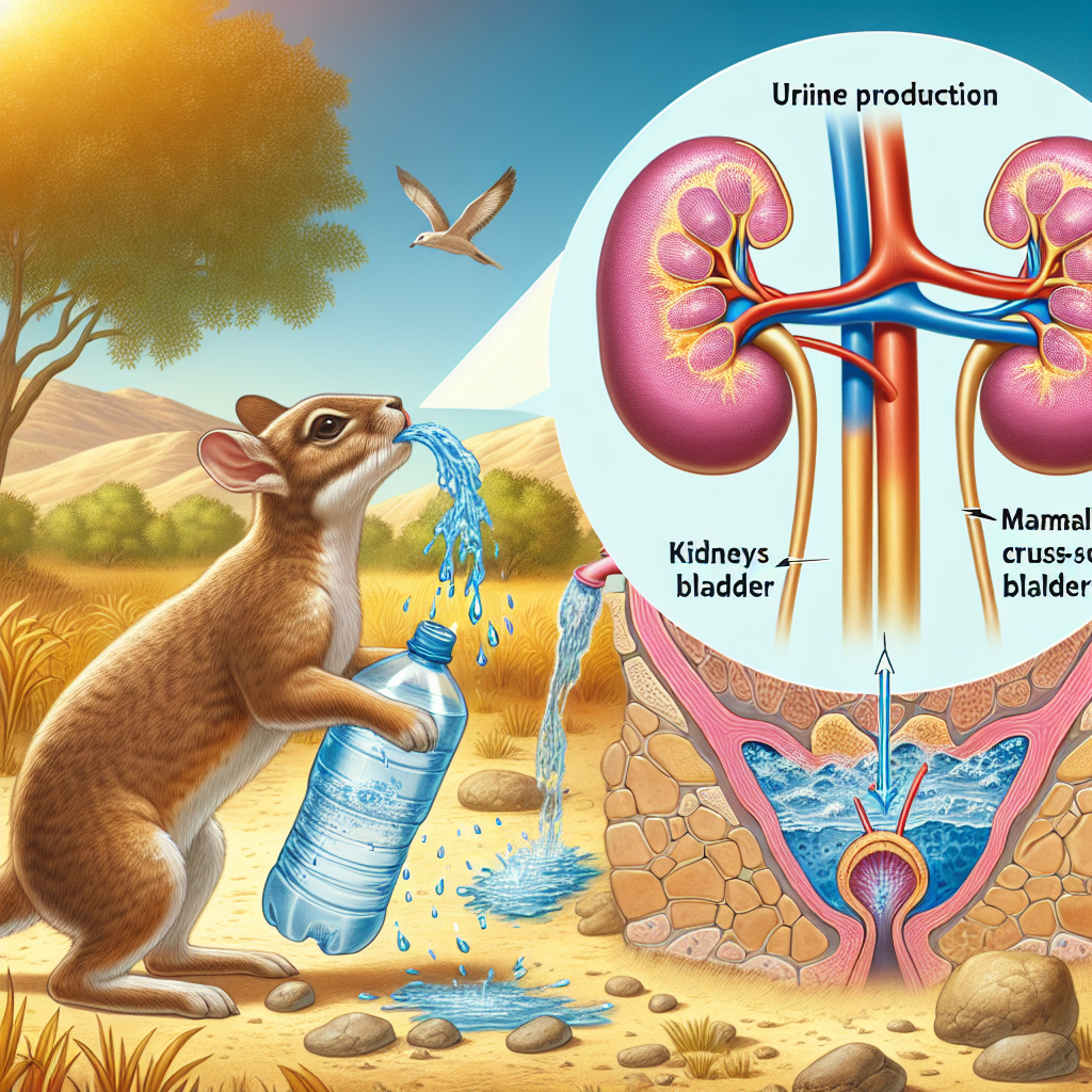 Create an image that represents the process of urine production increasing in mammals. The illustration should depict the mammal's biological system carefully highlighting the kidneys and bladder. We see water being consumed by the mammal, leading to imagined cross-sections of the kidneys and bladder, illustrating increased activity due to fluid intake. The background should be of a nature scene illustrating a hot, dry environment that would lead to mammalian thirst, thus correlating with the cause of increased urine production.