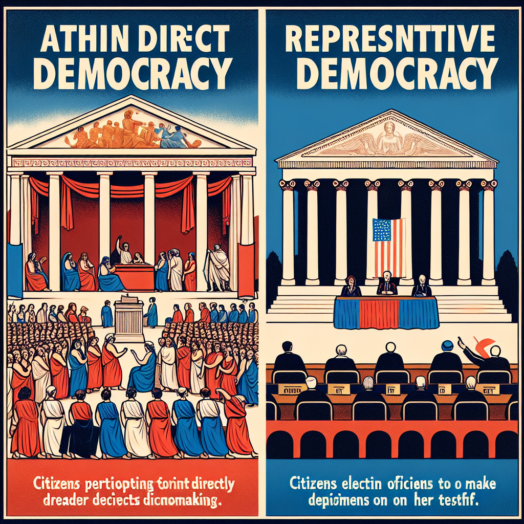 An image signifying the contrast between two forms of democracy: Athenian direct democracy and American representative democracy. On one side illustrates an ancient Greek setting with citizens gathered in an assembly, indicating the principles of direct democracy. On the other side, portrays a modern American setting, featuring citizens casting votes and elected officials sitting in a governmental building. These depictions help to demonstrate the aspect of citizens participating directly in decision making in one, and on the other, citizens electing officials to make decisions on their behalf. Ensure to not include any text within the image.