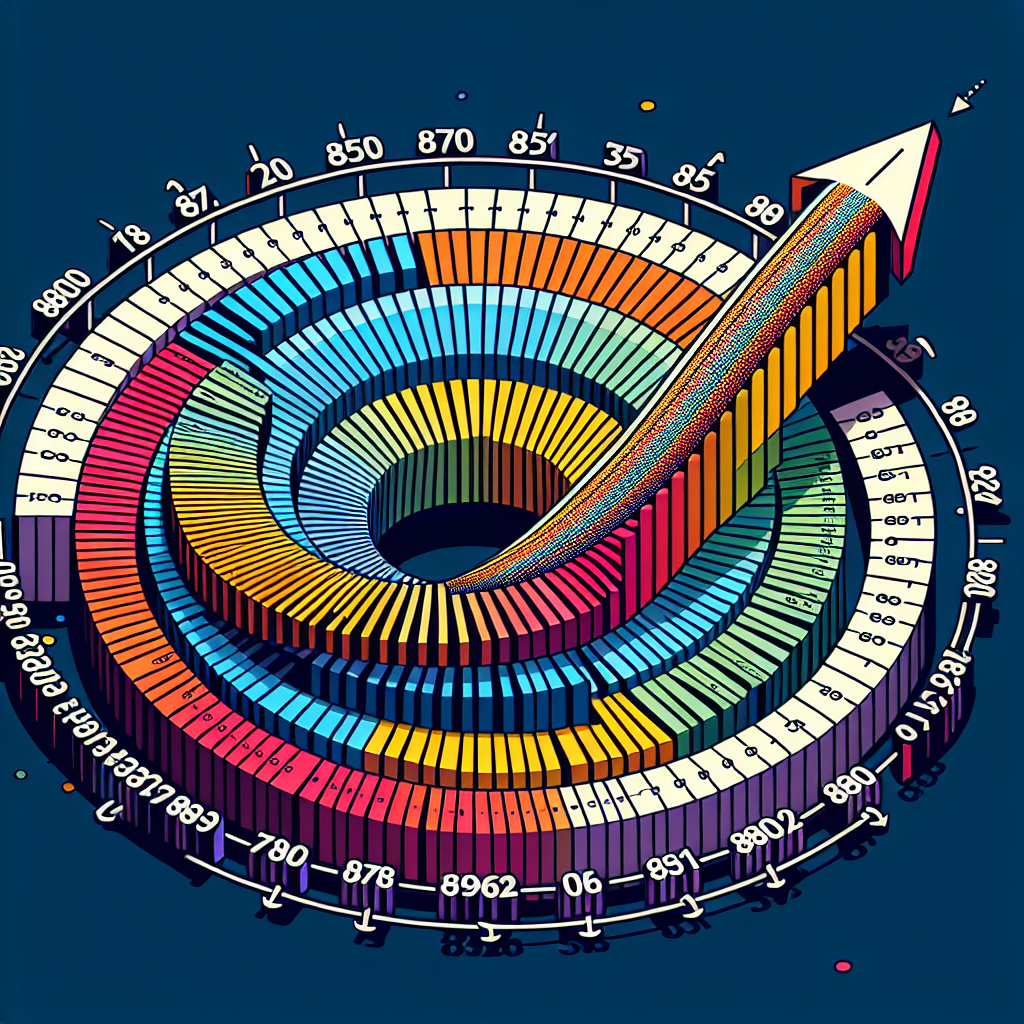 Create an image that visually represents the mathematical concept of rounding. The central view should consist of a horizontal number line stretching from 87000 to 88000. This number line is to be broken into segments representing every thousand units, with a notable marker at 87392. An animated, colourful arrow can be shown spiraling upwards from the 87392 marker and landing to indicate the rounded-off number. No text, numbers or labels should be used in this image.