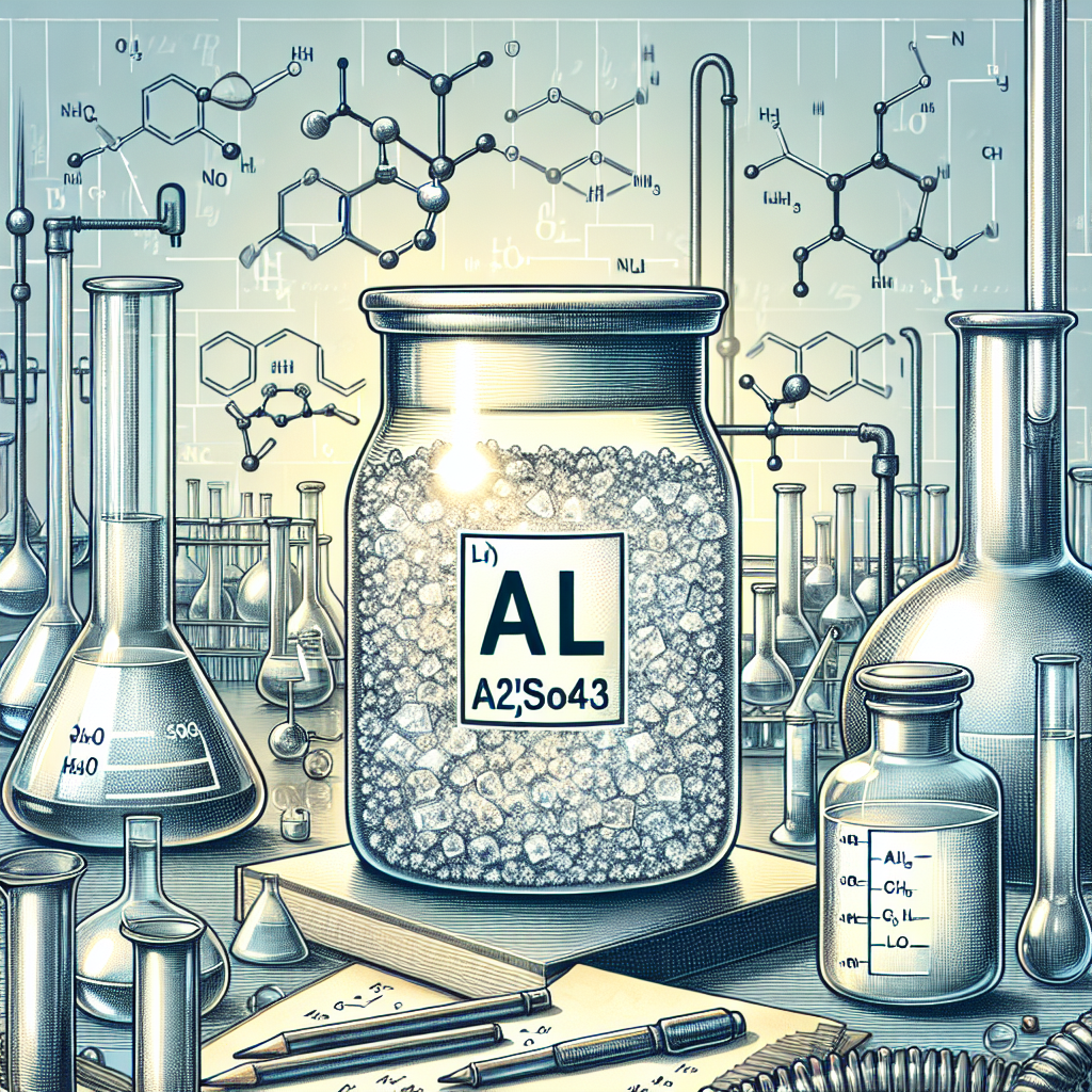 Create a detailed image of a laboratory setting. There are various scientific apparatus spread around, including beakers, flasks, and glass tubing. In the center of the image, there's a well-lit, transparent container filled with a pale crystal-like substance, signifying AL2(SO4)3, with symbols for aluminium and sulphur, embodying the process of calculating the oxidation number. Please keep the image rich in color but without any written text.