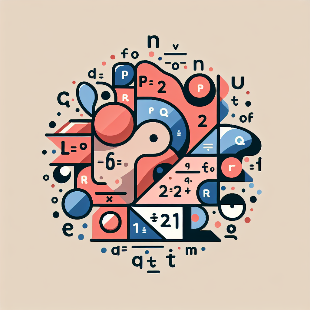 Create an abstract mathematical image that visually represents the concept of variables and their relationships. The image should include elements that symbolize the variables p, q, and r, as well as demonstrate the concept of a variable varying partly as another variable and partly as the square of another. The elements should be arranged in a way that signifies an equation. Please ensure the image contains no text.