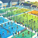 Illustrate a lively scene of a large, local sports academy. Show multiple sports fields dedicated to netball and tennis, with a dynamic mix of people engaged in both sports. Include people of different descents, such as Asian, Black, Caucasian and Hispanic, playing both netball and tennis. Depict some individuals switching between both sports, to reflect that some players participate in both. Please exclude any text from the image.