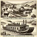 Illustrate an image representing the historical era of settlers traveling west. Depict some settlers loading their animals and wagons on flatboats to float down rivers. Nearby, capture the scene of a modified steamboat, denoting the era's technological advancement. Show the steamboat carrying heavy load without getting stuck on the riverbed. Make sure to provide a clear distinction between these two forms of transportation, one symbolizing the settlers' method, and the other denoting an engineered advancement that affected transportation during that era.