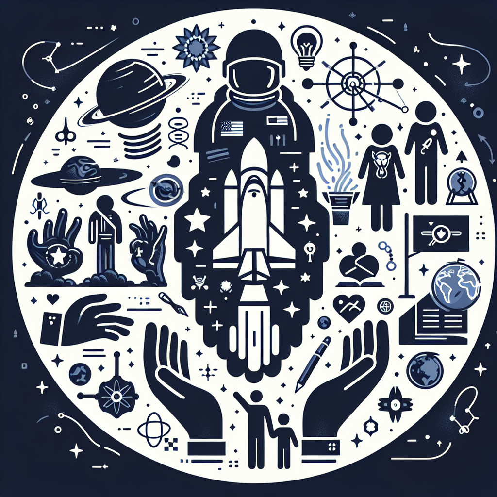 Create an image that represents the theme of Latino astronauts contributing greatly to science and their communities. It should include visual hints of space exploration like a spaceship, planets, and stars. Also, illustrate elements that symbolize community service, like helping hands, community symbols or logos. However, it should not include any text or identifiable figures.