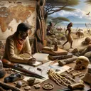A visually appealing image of a prehistoric setting showcasing the elements of archaeology. The scene includes an archaeologist, of Hispanic descent, meticulously examining ancient weapons and hand-recorded journals. Nearby, there is a discarded map indicating the impossibility of its use in her research. Also on the scene, there are human bones lying untouched, presumably of early humans, from Europe as per the interpretation of the researcher. The background includes scenic elements of Eastern and Southern Africa, subtly hinting at the cultural impact of trade in the region between the 800s and 1400s, and people engaged in conversation in the Swahili language.