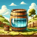 A visually pleasing image of a wooden barrel. The barrel should be depicted outdoors, in a rustic setting with green hills and a blue sky dotted with fluffy white clouds in the background. For context, show the barrel being 2/5 full of clear, sparkling water with the reflection of the blue sky. The barrel should give the impression of having a capacity of around 100 gallons. No text should appear on the image.