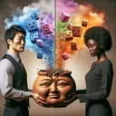 Create a conceptual image to represents a debate about peer pressure's potential to harm one's character. The image should depict two individuals with an apparent difference of opinions. One person, an Asian male with a thoughtful stare, represents the belief that peer pressure indeed destroys character. He holds a smashed clay pot symbolizing destroyed character. The opposing opinion is represented by an African female calmly presenting a cube with faces portraying different feelings, indicating character building. Between them, show a cloud of colorful words in blurred effect, hinting at the various arguments in a debate but make sure this does not resolve into legible text.