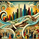 A symbolic representation of the booming economy of the 1920's. The image should feature elements implying prosperity such as a metaphorical city skyline evolving with new structures, people from diverse descents cheerfully exchanging goods in crowded markets, and representations of money flowing like water. A visual display of the sense of fluid economic transactions that encouraged consumer spending should also be included, perhaps showing hands exchanging high-volume paper dollars. However, make sure the image is captivating and contains no text.