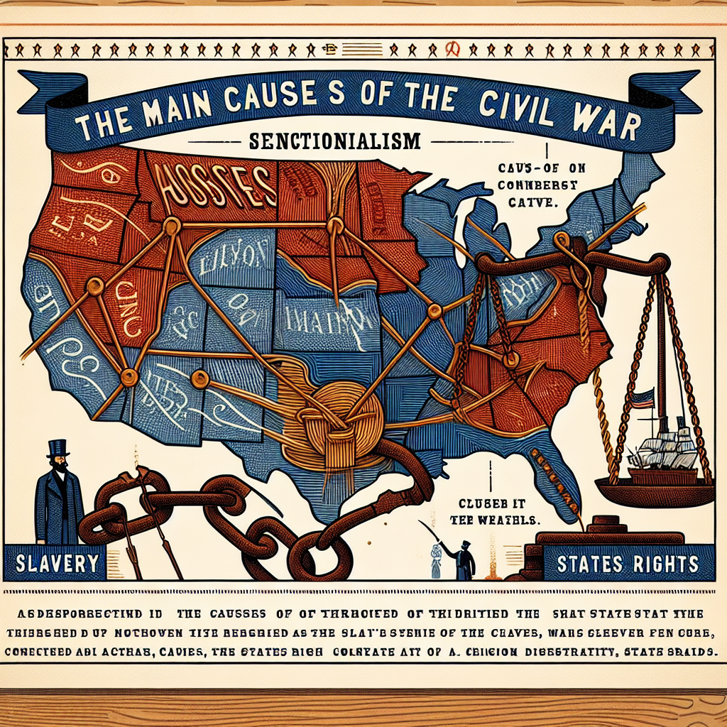 A detailed illustration representing the main causes of the Civil War, depicted abstractly: sectionalism shown as a map showing the distinct regions of the United States, slavery interpreted as rusted shackles, and states' rights imagined as a balance scale. The causes should be connected with thin threads, signifying their interconnectedness. Ensure the image is engaging and contains no text.
