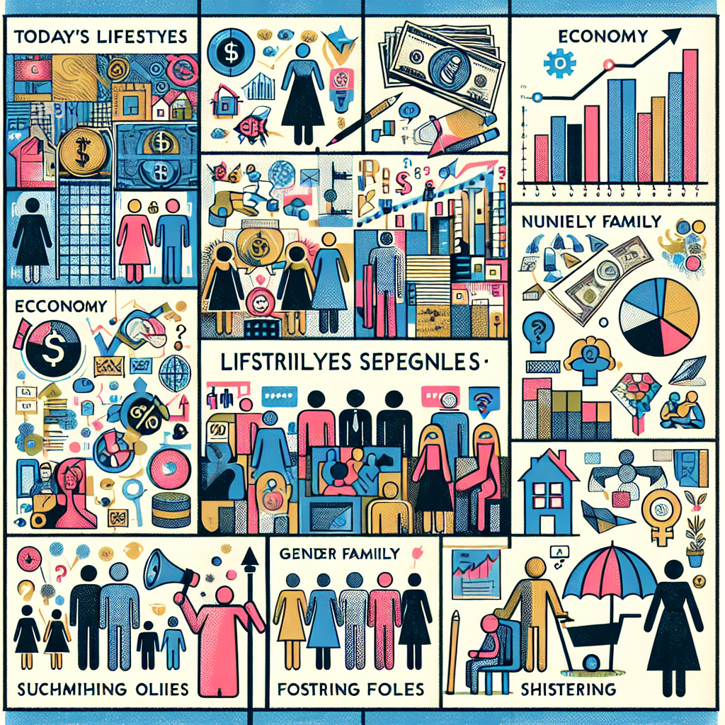 Create an image containing distinct sections. Each section representing a different aspect of the question. In one section visually represent 'today's lifestyles' with portrayal of humans involved in modern activities. In a second section, show symbols of 'economy' such as currency, graphs or buildings. In the third, reflect 'gender roles' with figures of different genders undertaking diverse roles. Then blend these elements to suggest 'family' : a blended family with diverse folks, a nuclear family with parents and children, and a fostering scenario. Lastly, depict the concept of communication with representations of speaking, thinking, listening and shouting.