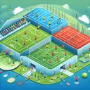 An engaging image showcasing a sports club with three separate sections: a football field with players, a tennis court with players, and a badminton court with players. The sections should be interconnected, demonstrating overlap between sports. The football field should have 39 players, the tennis court should have 31 players, and the badminton court should have 51 players. However, show 9 players transitioning between the football and tennis section, 8 players transitioning between the tennis and badminton section, and 10 players transitioning between the football and badminton section.