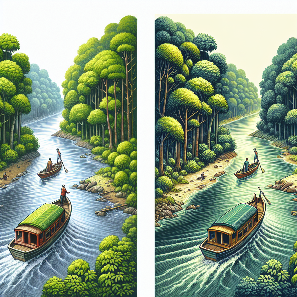 A boat traveling on a river with dense woodland on both sides. On one side of the image, show the idyllic scene of the boat moving upstream against the flow of the river. On the other side of the image, depict the boat navigating downstream with the flow of the water. The boat is small and painted in lively colors. The woods on the banks of the river display their bright green and brown hues. Likewise, make the river appear calm with occasional ripples from the boat's movement. Ensure there is no text within the image.